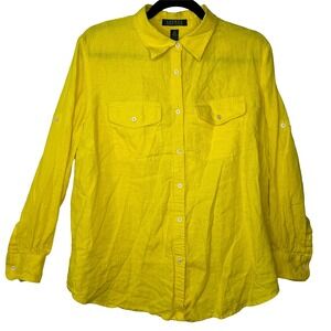 Ralph Lauren Womens Yellow 100% Linen Button Down Blouse Roll Tab Sleeve Size 1X